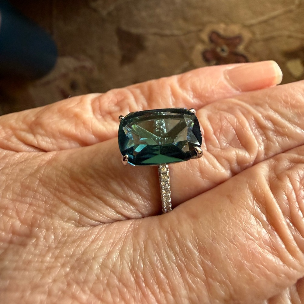 Emerald-Cut Teal Crystal Ring with Pavé Band - Women's Jewelry